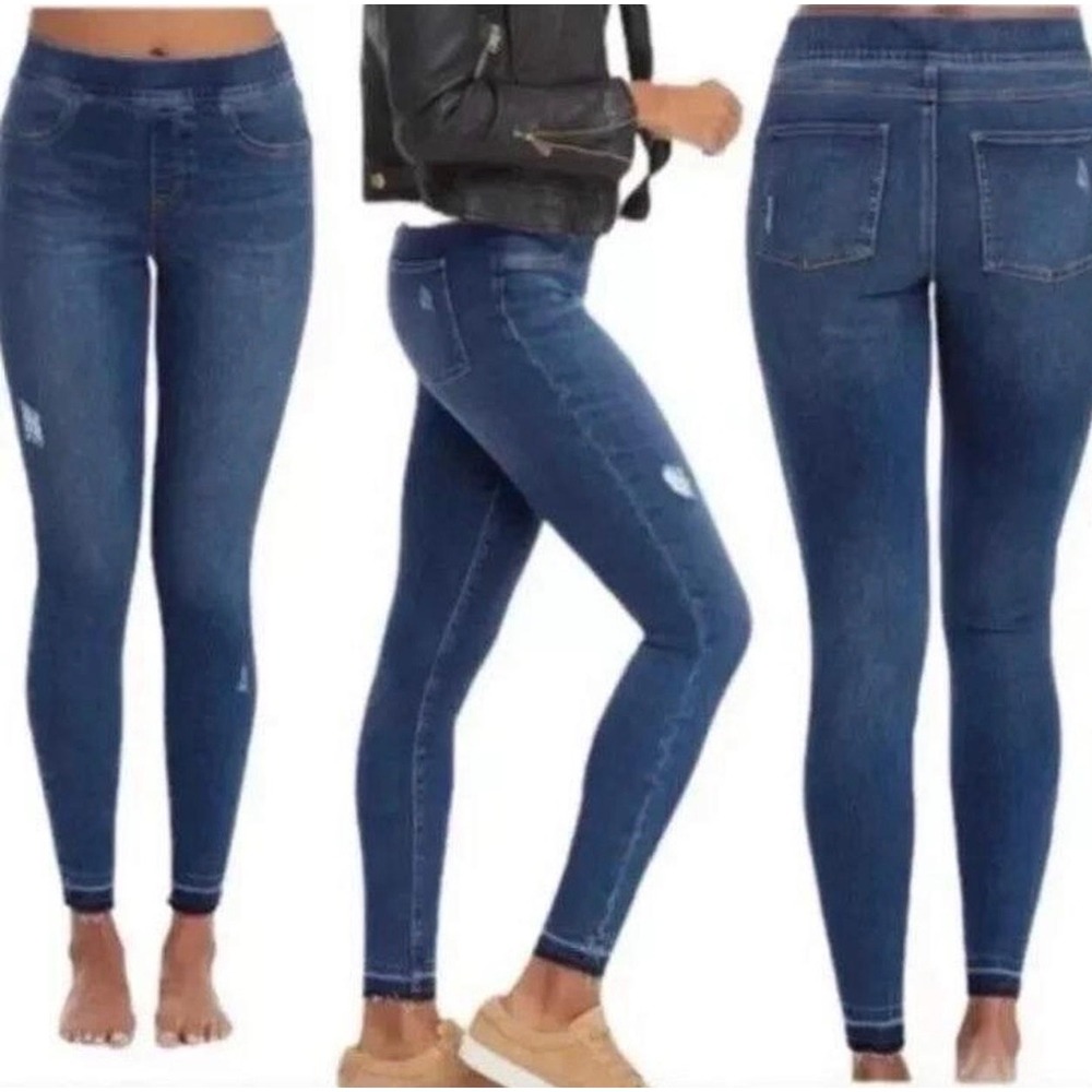 Spanx Distressed Denim Leggings Medium Wash High Rise Raw Hem Size Small NEW